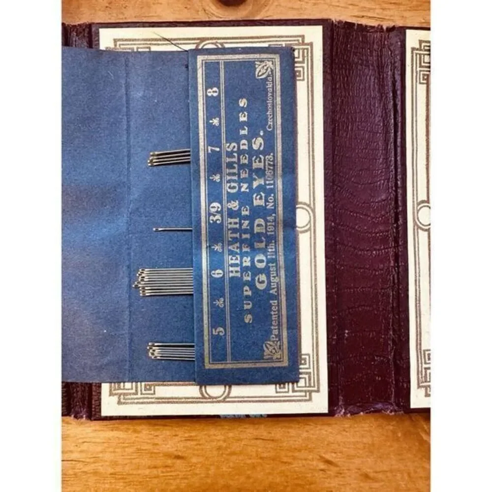 Antique Needle Booklet Double Folding Maroon With Blue Flowers‎ Czechoslovakia